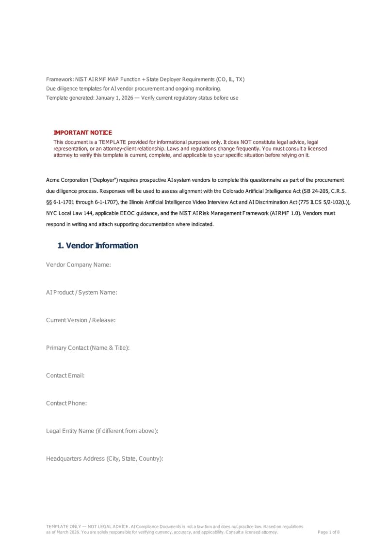 Sample document preview for Vendor Due Diligence